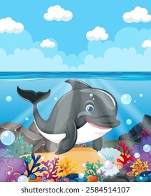 A cheerful dolphin amidst colorful underwater scenery