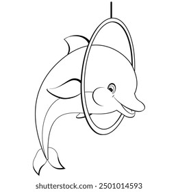 A cheerful dolphin jumping through ring. Coloring.