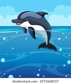 A cheerful dolphin leaping above the water