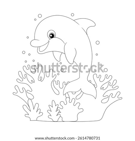 Cheerful dolphin leaping from ocean coloring page for kids
