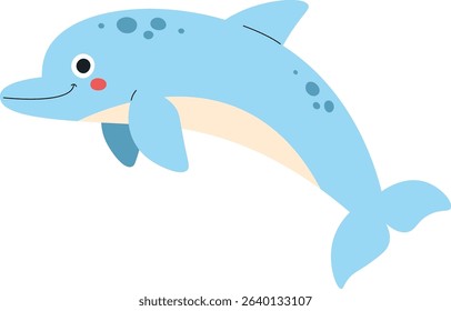 A cheerful dolphin with spots and a friendly smile in a playful cartoon style. The dolphin is depicted with a joyful expression and smooth lines. Cartoon vector illustration.
