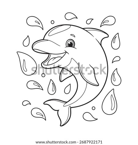 Cheerful Dolphin Surrounded by Water Splashes and Droplets happy smiling Dolphin Coloring Book Dolphin Coloring page Coloring page Coloring book