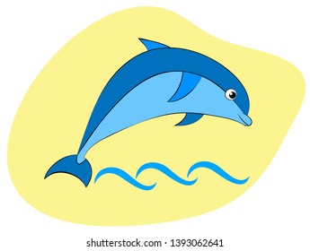 cheerful dolphin swims on a yellow background, vector illustration