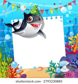 Cheerful dolphin wearing party hat swims beside blank paper note in colorful coral reef setting.