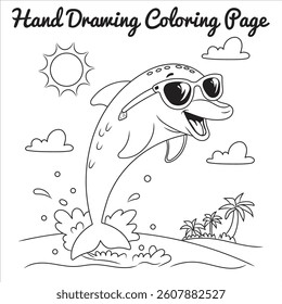 A cheerful dolphin wearing sunglasses, jumping out of the ocean with a splash. The background includes a sunny sky and palm trees, making it a fun and vibrant coloring page for kids.