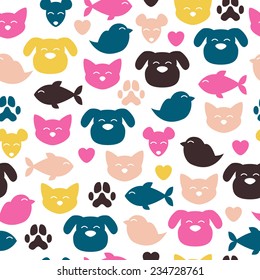 Cheerful domestic animals seamless colorful pattern. Cat, dog, fish, bird and mouse. Pet-shop background.