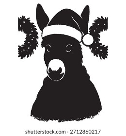 A cheerful donkey dressed in a Santa hat is framed by two fuzzy wreaths, creating a warm seasonal scene that blends charm, humor, and holiday spirit in a simple, joyful farm-themed design.