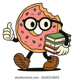 Cheerful donut character with glasses holding a stack of books, giving a thumbs up. Perfect for educational content, fun school mascots, or snack-themed learning materials.