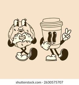 Cheerful Donut and Coffee Characters Showing Heart and Peace Signs. The Perfect Breakfast Duo