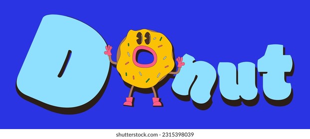 Cheerful donut in retro style. Character, mascot. Memphis style vector illustration, flat, linear.