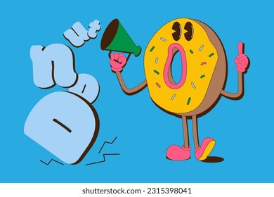 Cheerful donut in retro style. Character, mascot. Memphis style vector illustration, flat, linear.