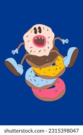 Cheerful donut in retro style. Character, mascot. Memphis style vector illustration, flat, linear.
