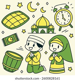 Cheerful doodle art illustration of Ramadan featuring kids praying, ketupat, bedug, mosque, and Islamic elements. Bright green, yellow tones with festive vibes, perfect for Ramadan designs!