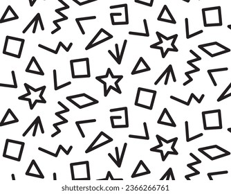 Cheerful doodle black lines shapes without seams. Abstract design, creative thinking, minimalist design. Simple children's wallpaper print with doodles, vector