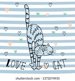 Cheerful Doodle cat in a cute style. Striped background. Vector.