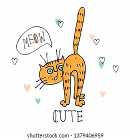 Cheerful Doodle cat in a cute style. Vector