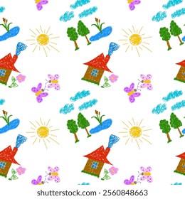 Cheerful doodle-style seamless pattern featuring houses, ponds, trees, clouds, flowers, sun and butterflies.