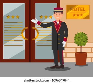 Cheerful doorman standing in front of hotel entrance doors. Young smiling man in uniform. Flat vector design