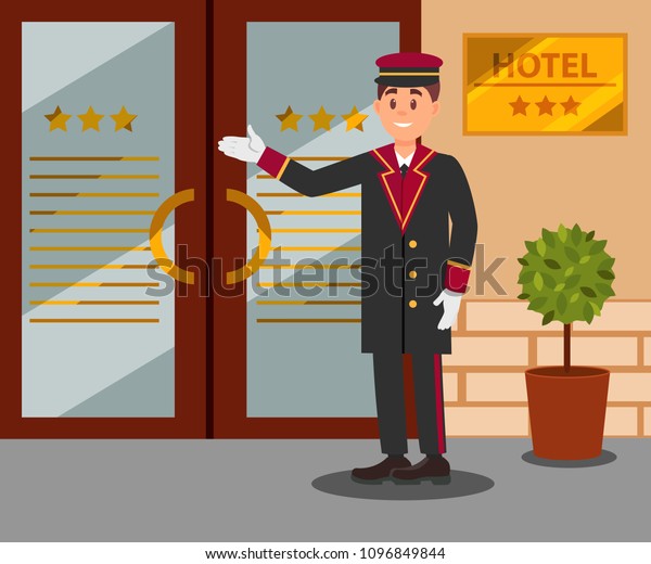 Cheerful Doorman Standing Front Hotel Entrance Stock Vector