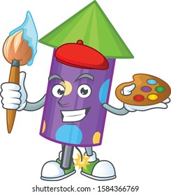 Cheerful dot fireworks rocket painter cartoon character with brush