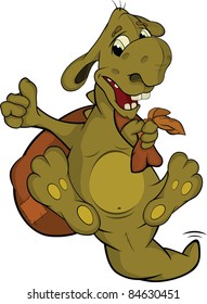 Cheerful dragon and bag with gifts. Cartoon