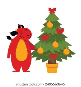 Cheerful dragon decorates the Christmas tree with balls and bows. Vector graphic.