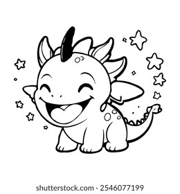 A cheerful dragon with a heart-shaped face, tiny horns, and a warm smile, surrounded by stars, ideal for children’s coloring fun.