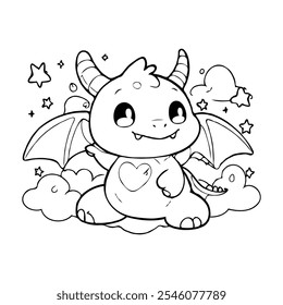 A cheerful dragon with a heart-shaped face, tiny horns, and a warm smile, surrounded by stars, ideal for children’s coloring fun.