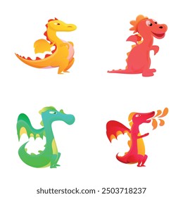 Cheerful dragon icons set cartoon vector. Colorful little dragon. Cartoon character