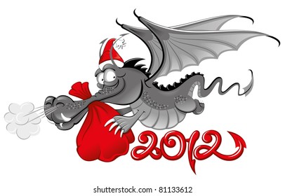 Cheerful Dragon in Santa's hat carries the christmas bag with gifts (symbol of the new year 2012 )