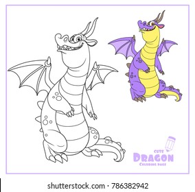 Cheerful dragon with wings and horns color and outlines for coloring isolated on white background