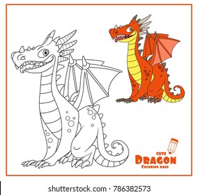 Cheerful dragon with wings and horns sit on white background color and outlines for coloring