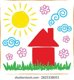 Cheerful drawing for children featuring simple red house yellow sun fluffy clouds and spring flowers with green grass