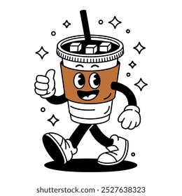 A cheerful drink character with arms and legs, conveying joy and fun