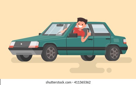 Cheerful driver behind the wheel of a car. Vector illustration