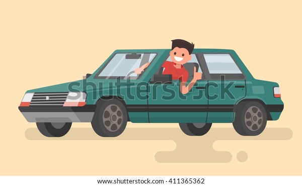 Cheerful driver behind the wheel of a car.\
Vector illustration