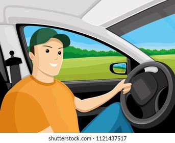 Cheerful driver in a cap sits in the car.