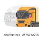 Cheerful driver showing thumbs up while driving a truck. Vector illustration.