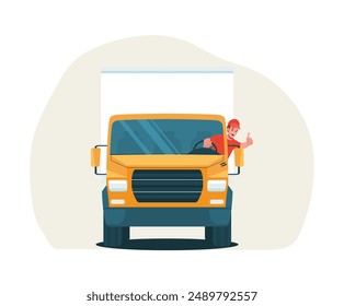 Cheerful driver showing thumbs up while driving a box truck. Front view. Vector illustration.