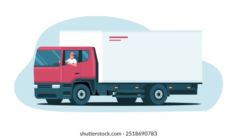 Fröhlicher Fahrer, der beim LKW-Fahren Daumen hoch zeigt. Vektorgrafik.