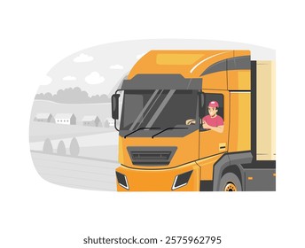 Cheerful driver showing thumbs up while driving a truck. Vector illustration.