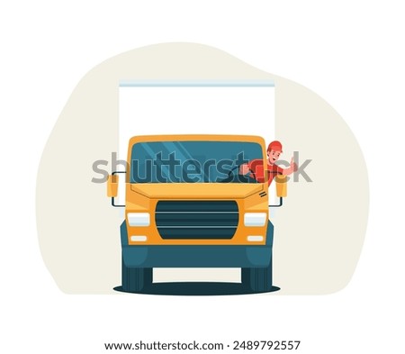 Cheerful driver showing thumbs up while driving a box truck. Front view. Vector illustration.