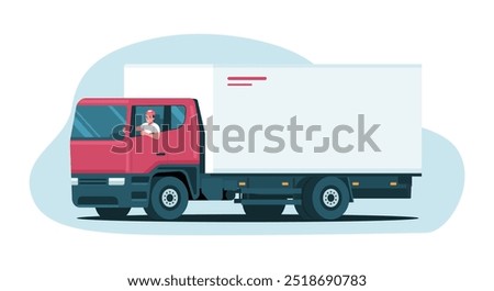 Cheerful driver showing thumbs up while driving a truck. Vector illustration.