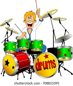 cheerful drummer playing drums, vector and illustration
