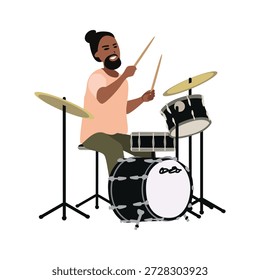 A cheerful drummer sitting behind a drum kit with drumsticks in his hands. Vector illustration of a musician on a white background.