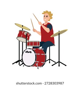 Un baterista alegre sentado detrás de una batería con baquetas en las manos. Ilustración vectorial de un músico sobre un fondo blanco.
