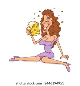 Cheerful drunk beautiful woman party holds a beer mug and feels hangover, 
drunk girls in alcoholic and kneeling images. Flat, Poster, Vector, Illustration, Cartoon, EPS10.