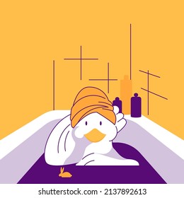 Cheerful duck. Bird poster design with human needs and daily situations. Satisfied duck sits resting while taking a bath