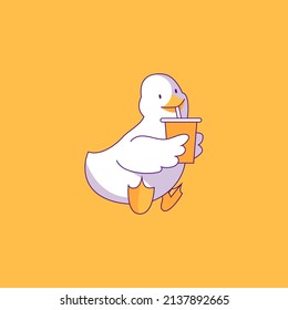 Cheerful duck. Bird poster design with human needs and daily situations. Satisfied duck sits and drinks coffee or tea