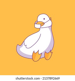 Cheerful duck. Bird poster design with human needs and daily situations. Duck sits in a mask to protect against coronovirus